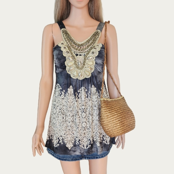 VENUS Bohemian Chic Black and Cream Embellished Tank Top, Medium EUC - Picture 7 of 9